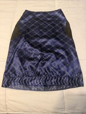 Spiegel Navy Satin Diamond-Print Pencil Skirt with Black Side Panels
